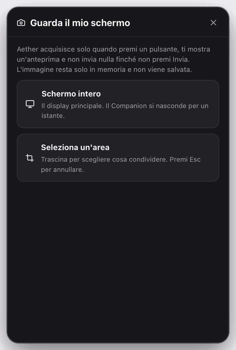 Il Companion mentre scegli schermo intero o un'area